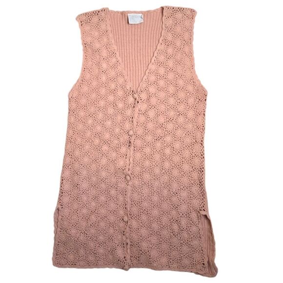 VINTAGE 90s pink peach crochet button‎ up long sleeveless sweater vest M - Picture 1 of 6
